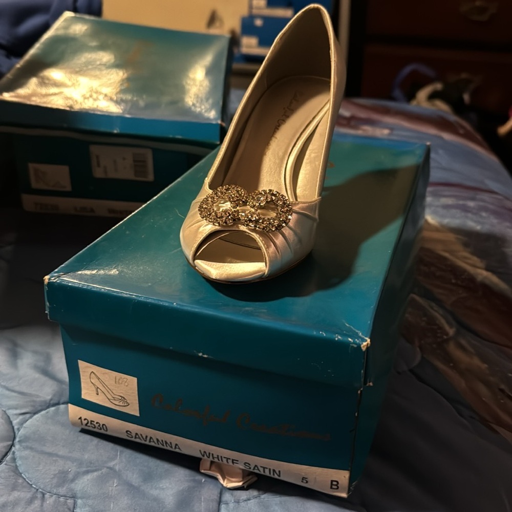 Savannah Ivory Satin Heels with Gold Accents